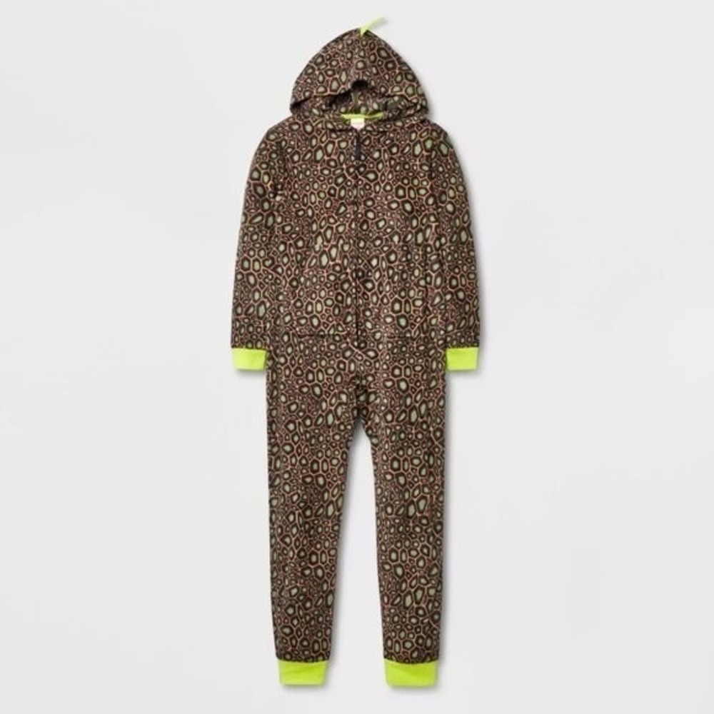 Cat and Jack Boys Dinosaur Pajamas Union Suit Hooded Fleece Sleepwear XL 14